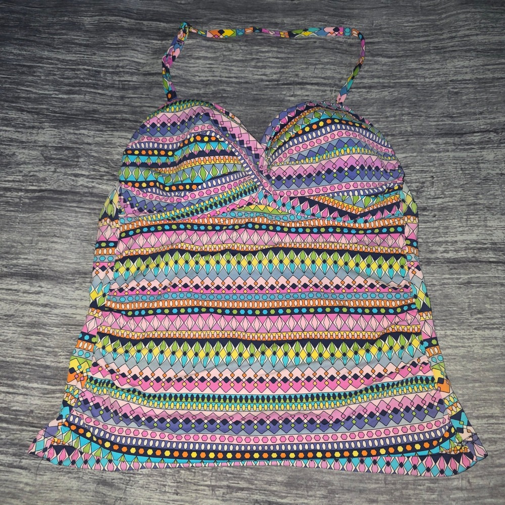 Anne Cole Womens Medium Multicolor Geometric Tribal Print Halter Tankini Top